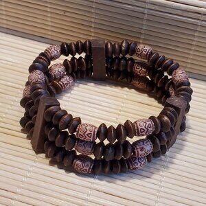 90s Y2K Vintage Boho Brown Tan Wood Acrylic Saucer Beads Stretch Bracelet